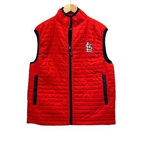 ST LOUIS CARDINALS Puffer Vest Sz XL Red Black Full Zip Pockets Bayer Logo Lined